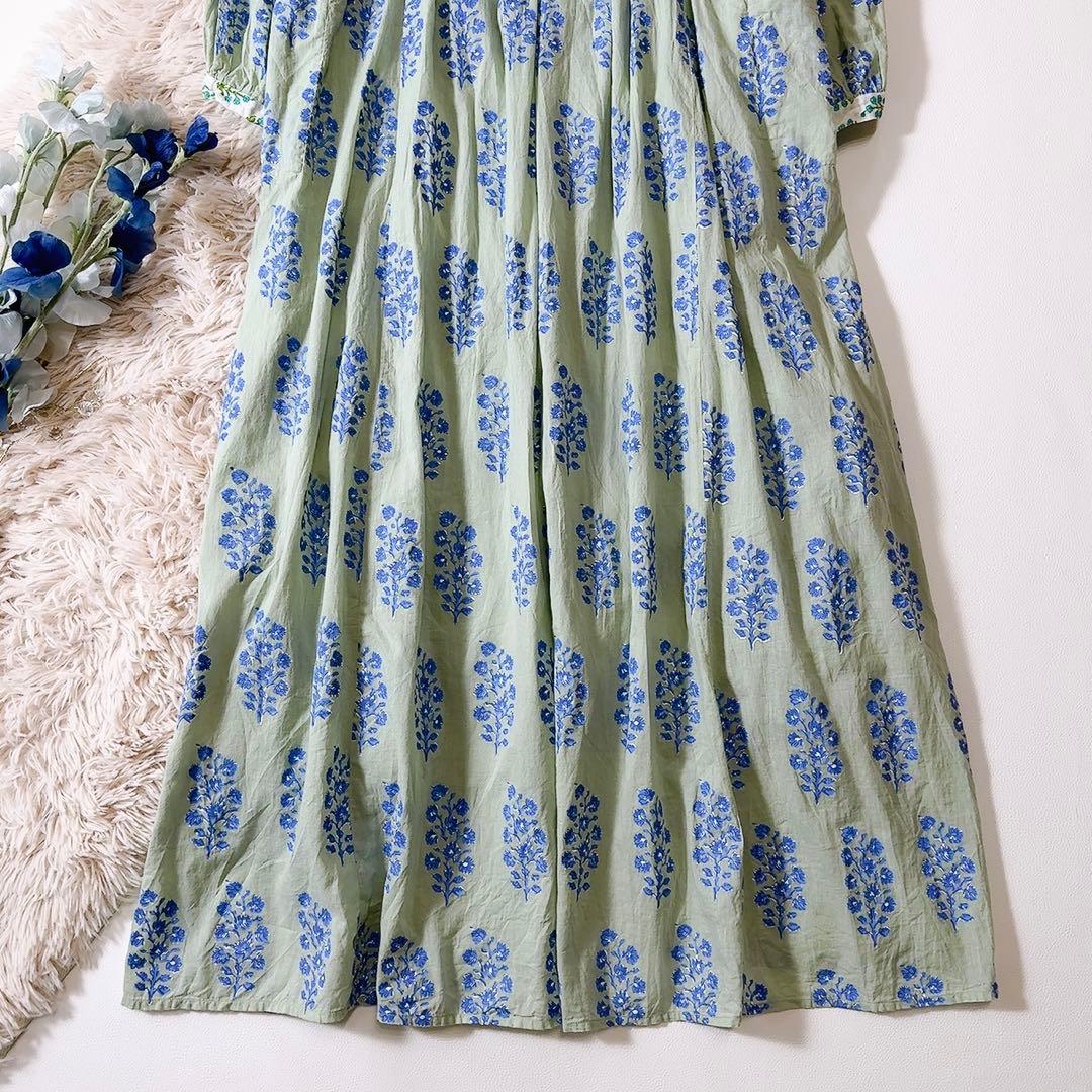 極美品ꕥヌキテパ 完売色 コットンボイルエスニックプリントギャザードレス M