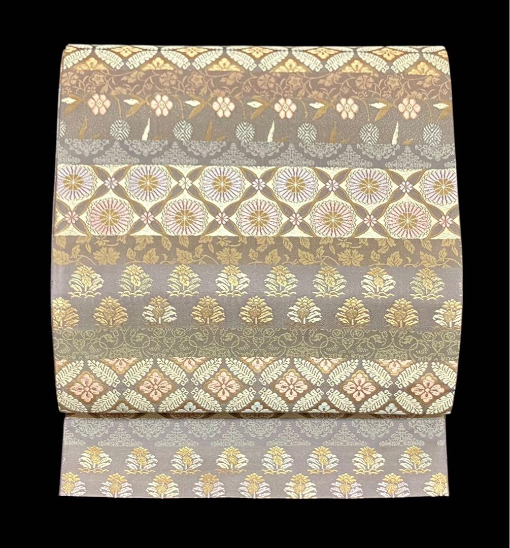 箔屋清兵衛 袋帯 双図柄 名物裂文様 全通日本の心 共箱 未使用 錆紫イ6305