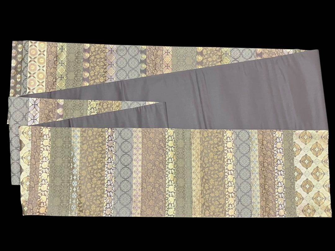 箔屋清兵衛 袋帯 双図柄 名物裂文様 全通日本の心 共箱 未使用 錆紫イ6305