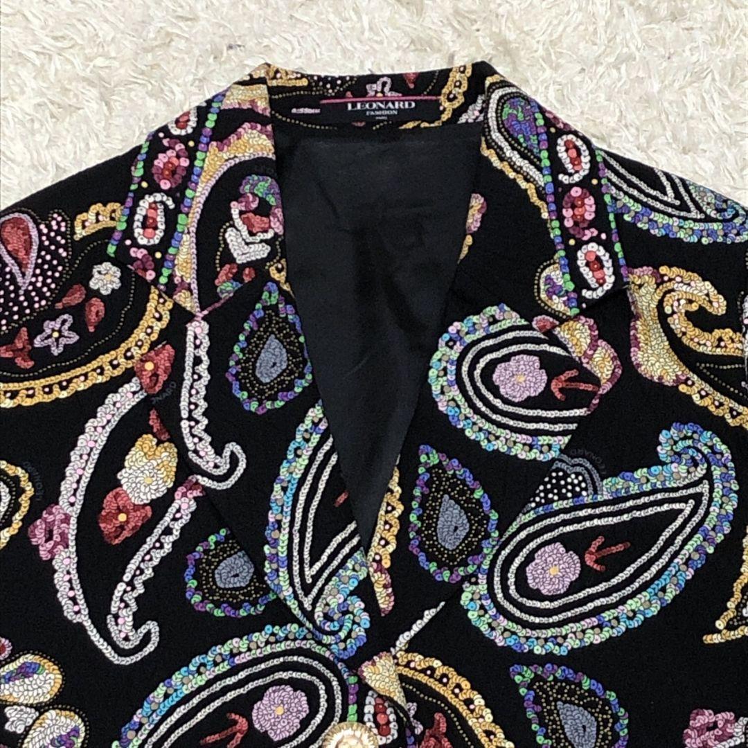 極美品✨ レオナール 金ボタン シルク混 ペイズリー柄 黒 ジャケット コート