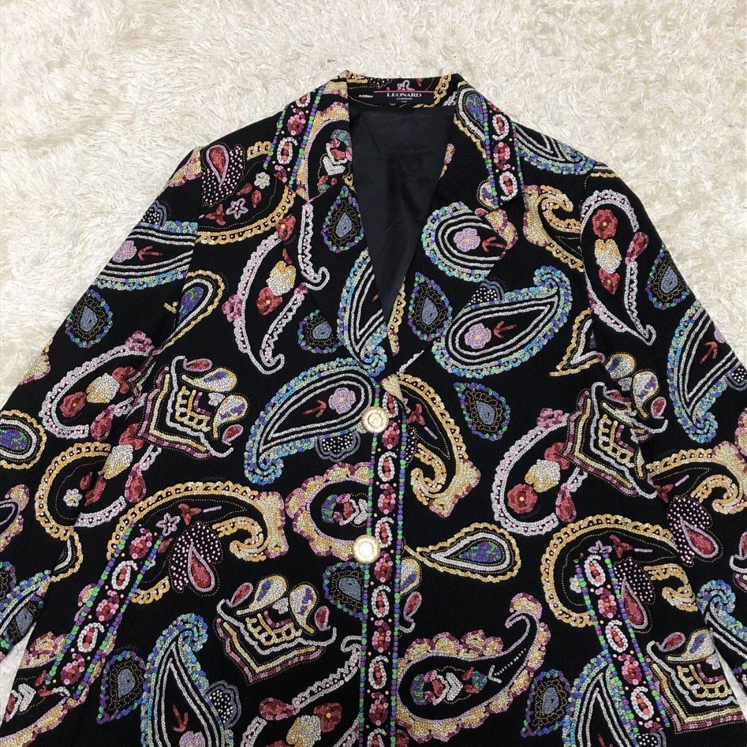 極美品✨ レオナール 金ボタン シルク混 ペイズリー柄 黒 ジャケット コート