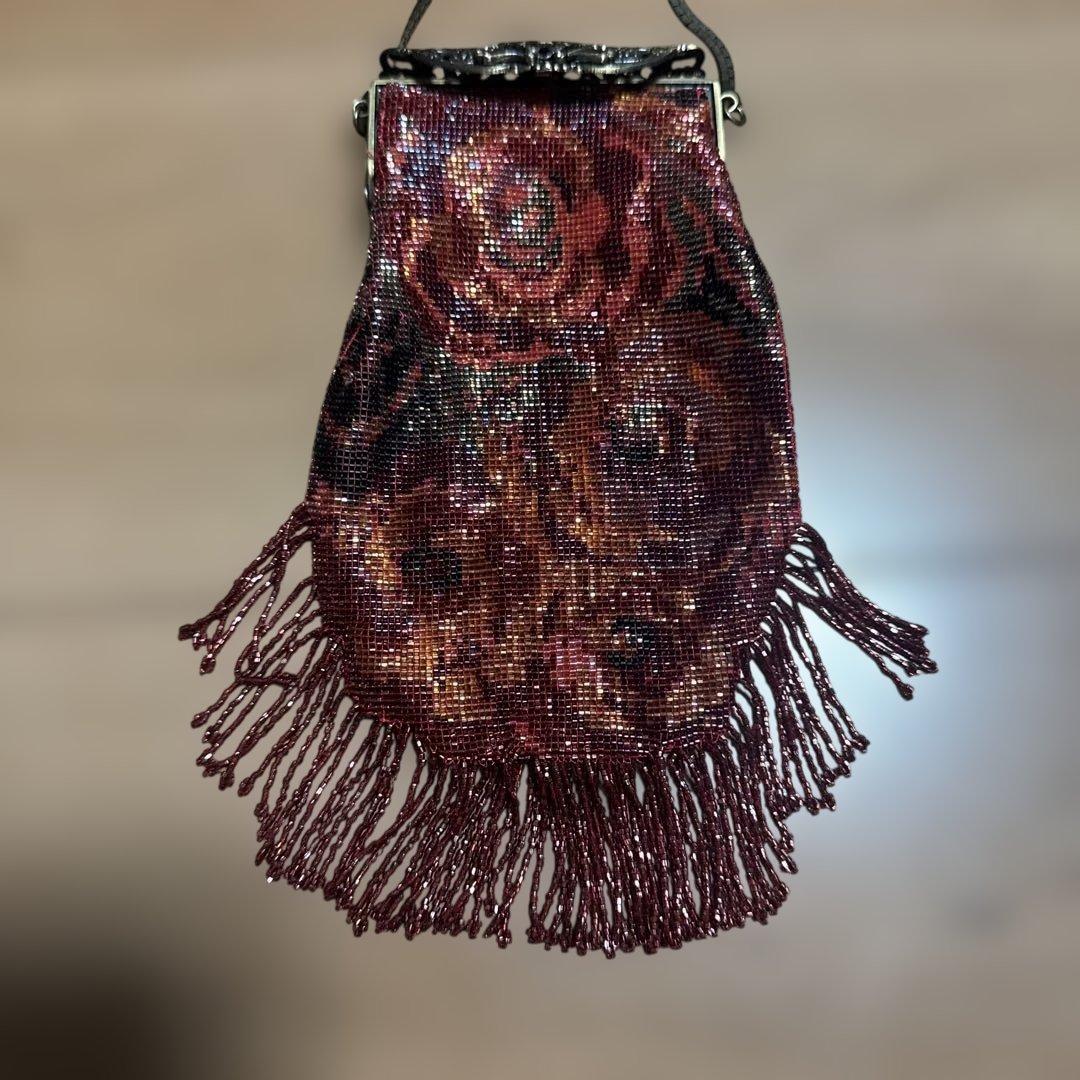 デリカビーズ刺繍バラ柄パーティーバッグ