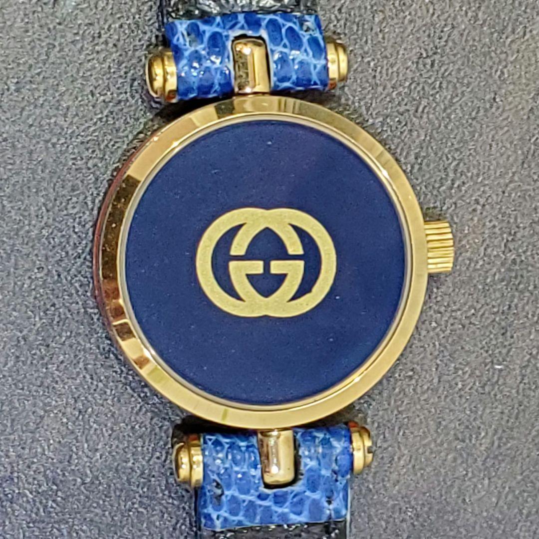 極美稼働品　グッチGUCCI シェリーライン ブルー　ゴールド レディース腕時計
