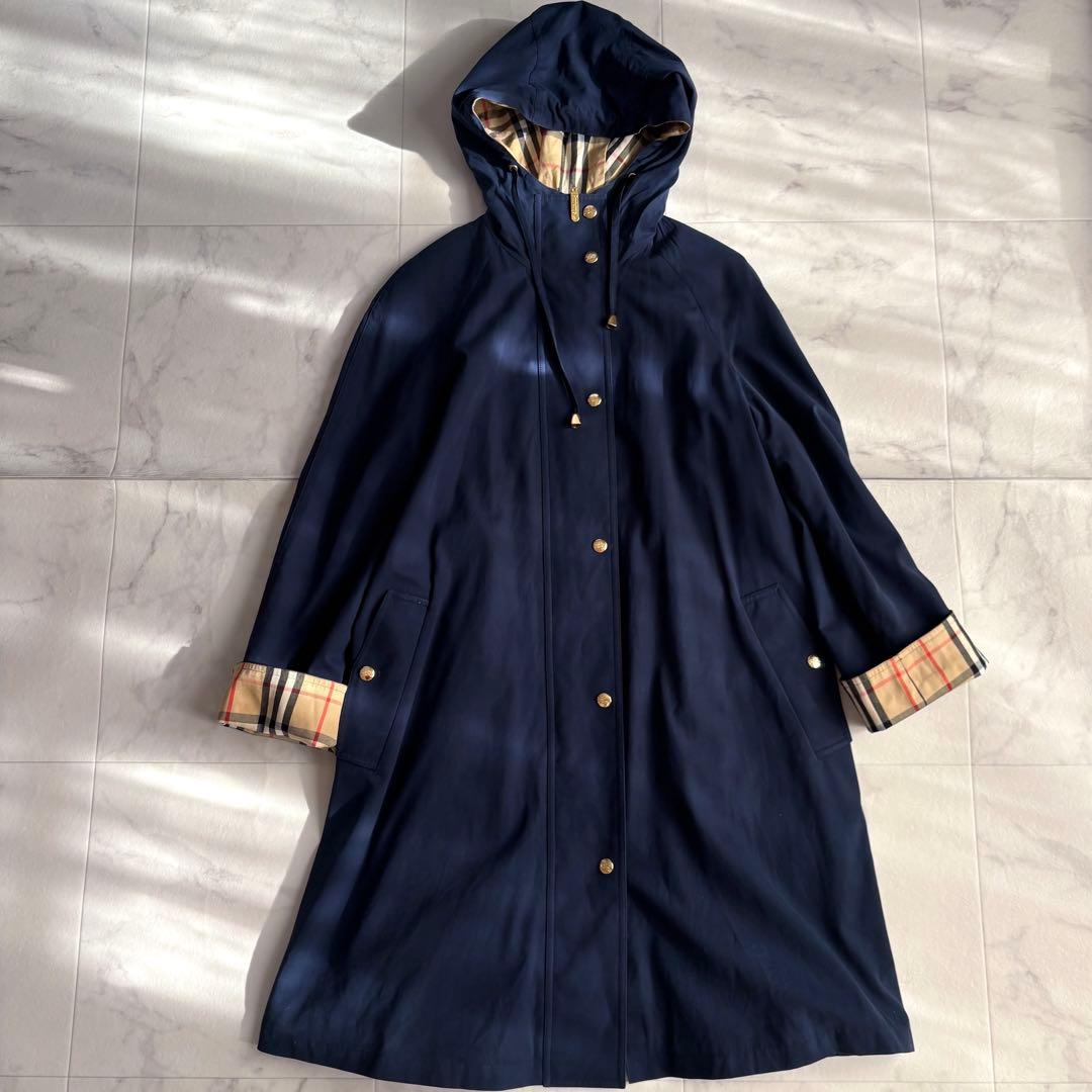 希少♪Burberry バーバリー ヴィンテージ フーデットコート ネイビー