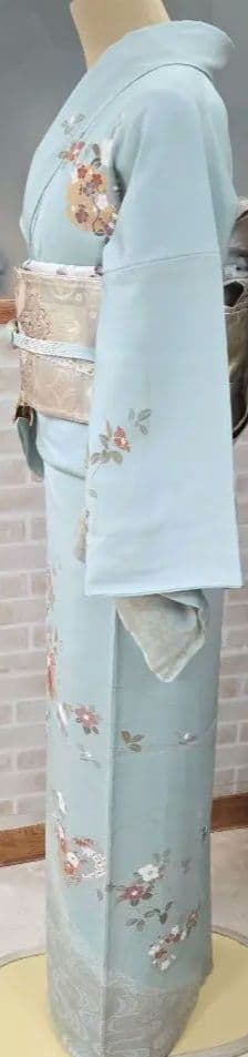 しつけ糸付き未使用水色訪問着4点フルセット、着物、袋帯、帯締め、帯揚げ