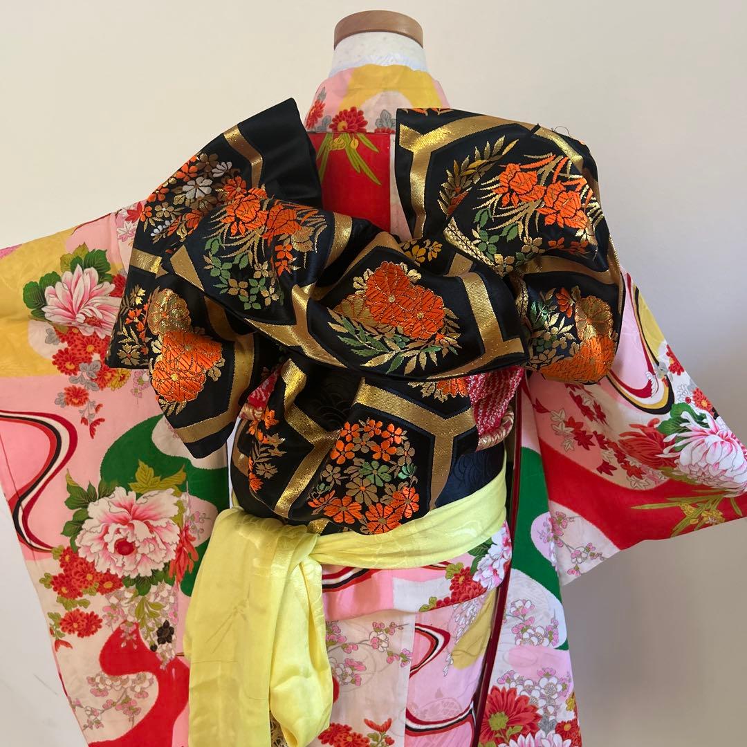 7歳　七五三　アンティーク正絹着物、アンティーク帯、帯揚げ、帯締めのセット