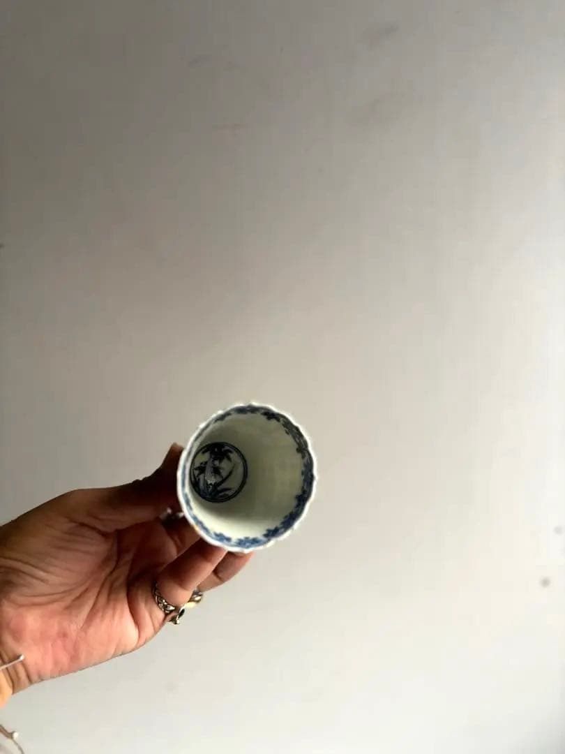 726 骨董 アンティーク 川本半助 真陶園半介 瀬戸染付輪花杯 2点組 金継ぎ