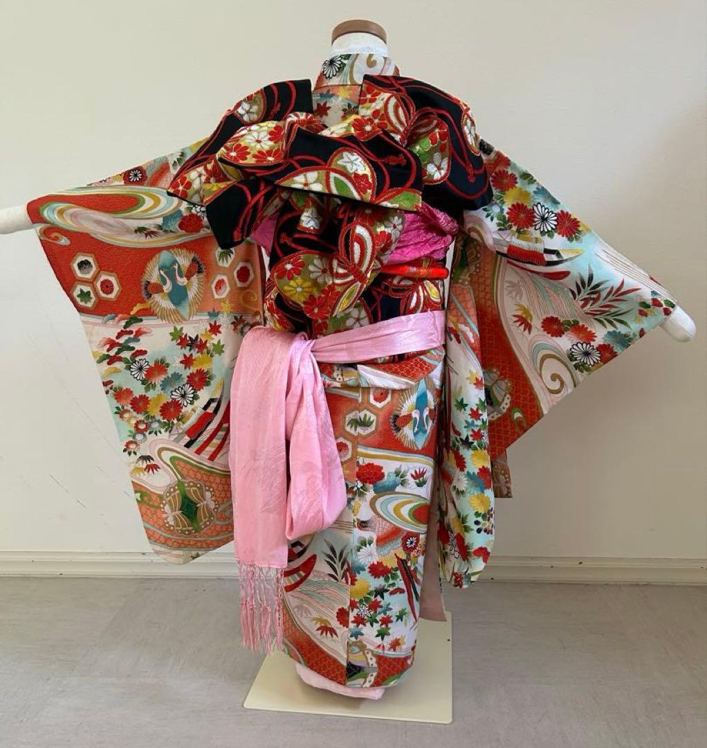 5歳　6歳　7歳　七五三　アンティーク正絹着物、帯、帯揚げ、帯締めのセット