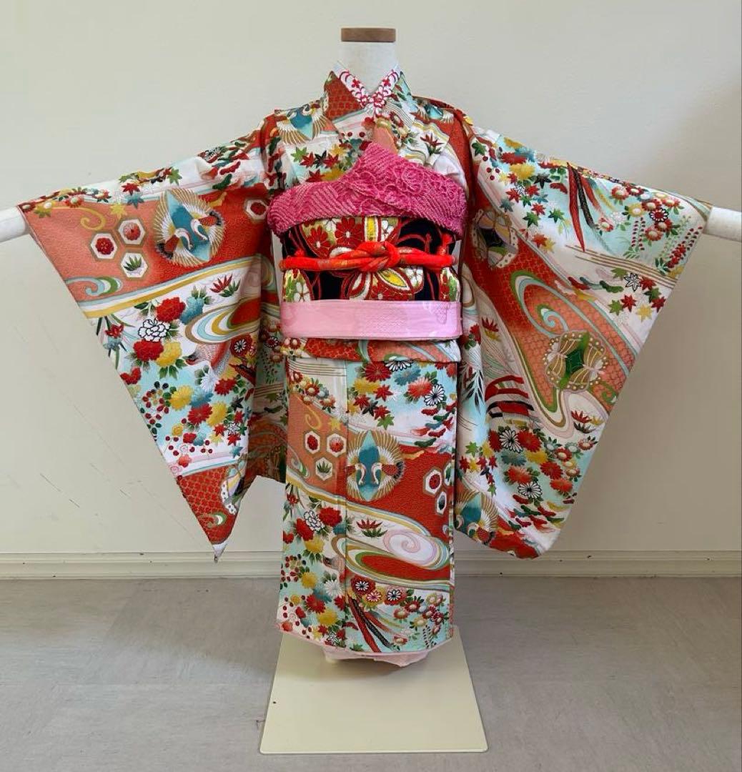 5歳　6歳　7歳　七五三　アンティーク正絹着物、帯、帯揚げ、帯締めのセット