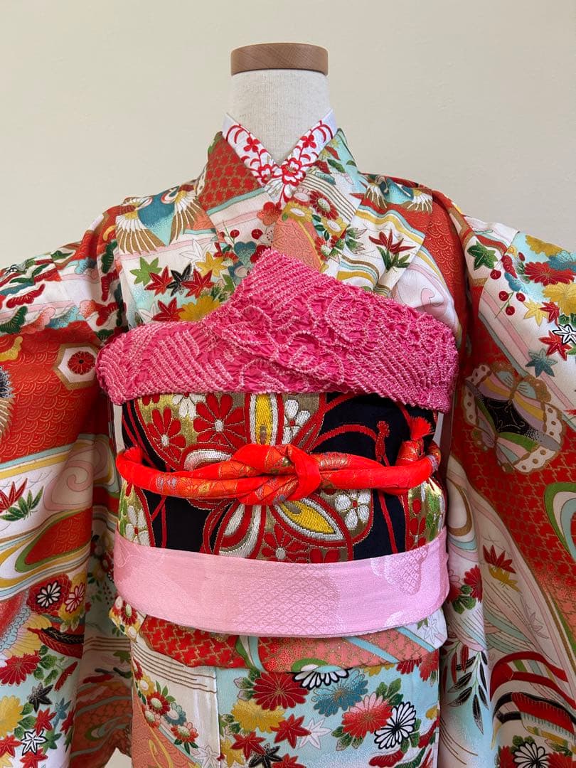 5歳　6歳　7歳　七五三　アンティーク正絹着物、帯、帯揚げ、帯締めのセット