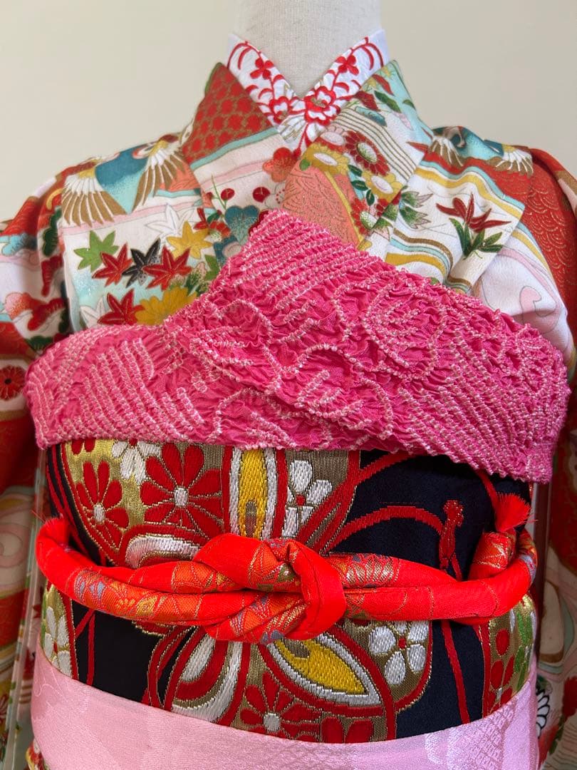 5歳　6歳　7歳　七五三　アンティーク正絹着物、帯、帯揚げ、帯締めのセット