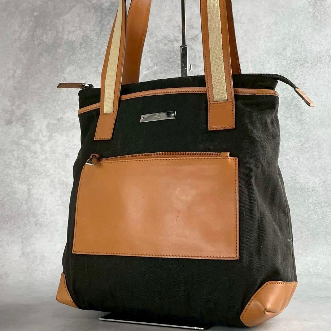 美品 グッチ トートバッグ GG キャンバス 裏地GGパターン レザー ブラウン