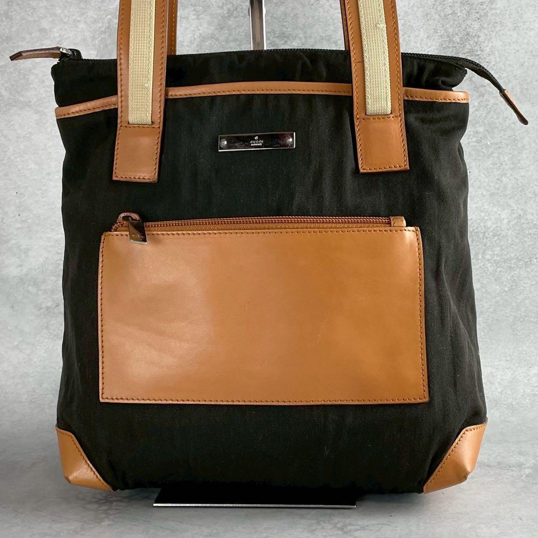 美品 グッチ トートバッグ GG キャンバス 裏地GGパターン レザー ブラウン