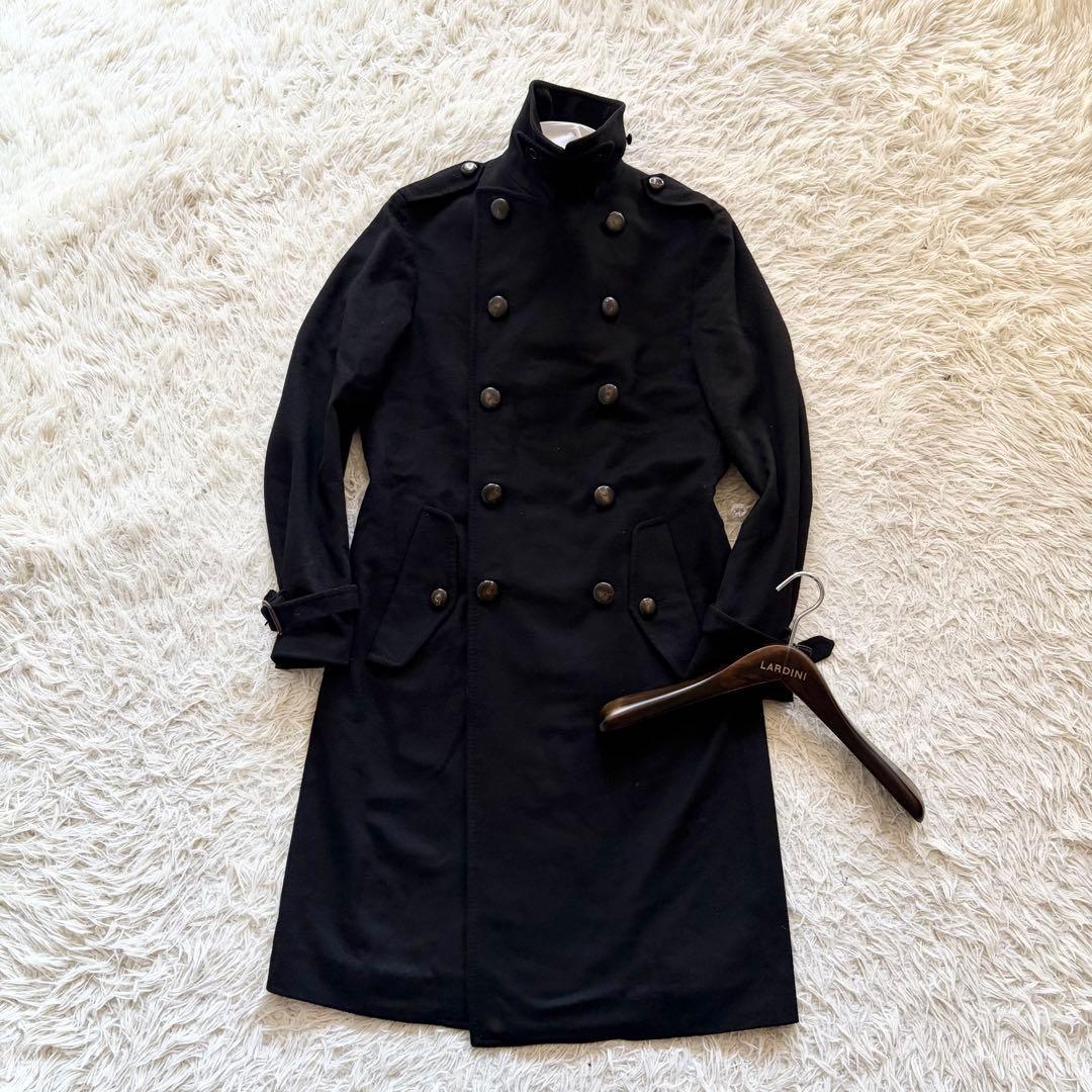 <美品>LARDINI キャメル100% ブラック ダブルチェスターコート 46