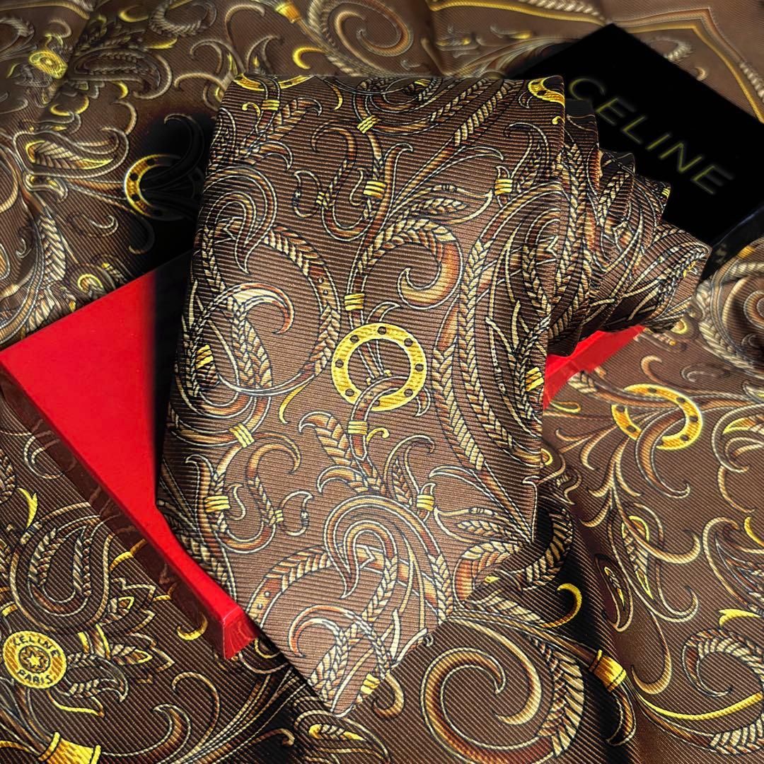 CELINE ネクタイ ハンカチ 箱付き ブラウン系 ペイズリー柄