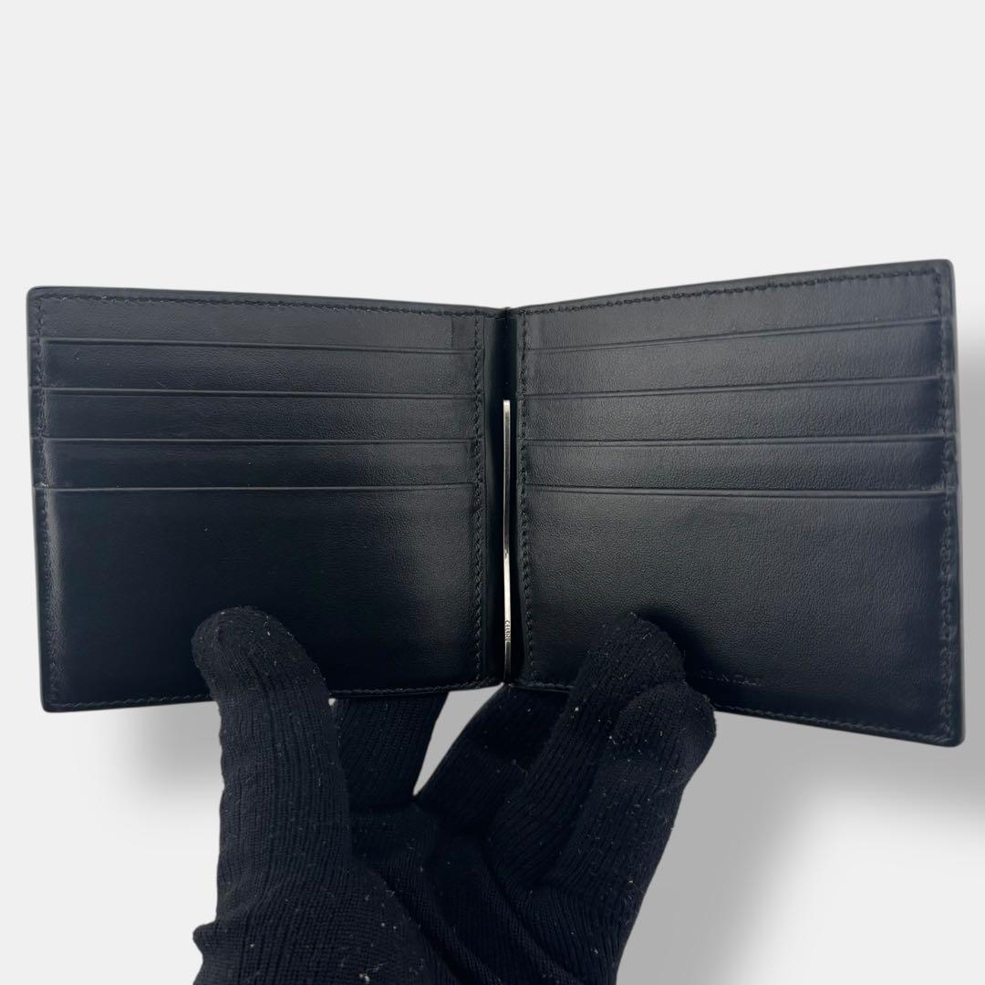 未使用品級 セリーヌ マネークリップ 二つ折り財布 ロゴ シボ革 レザー 黒