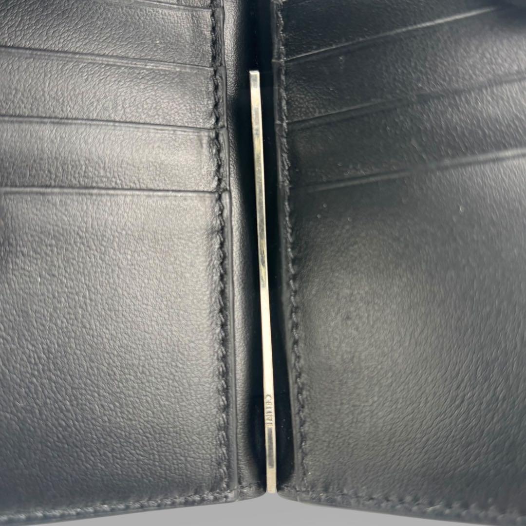 未使用品級 セリーヌ マネークリップ 二つ折り財布 ロゴ シボ革 レザー 黒