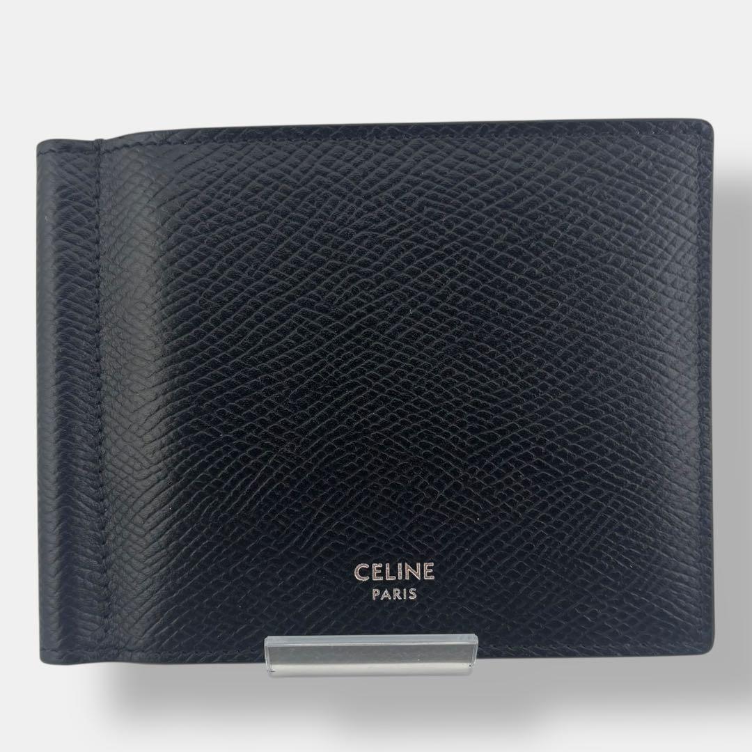 未使用品級 セリーヌ マネークリップ 二つ折り財布 ロゴ シボ革 レザー 黒