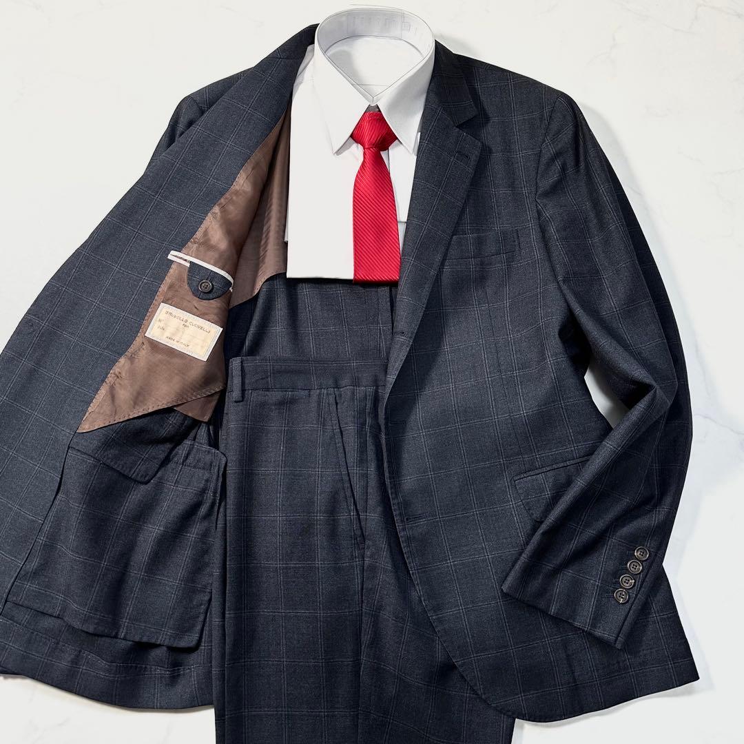 ブルネロクチネリ 最高峰ヴァージンウール ペンチェック 濃紺 XXL相当 54
