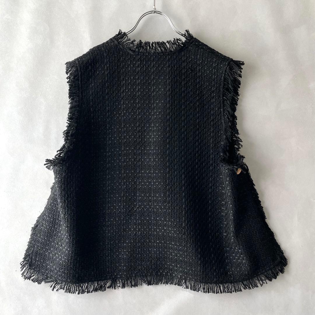 美品✨シアントーキョー　ツイードフリンジ　ベスト　ジレ　黒　クロプド丈