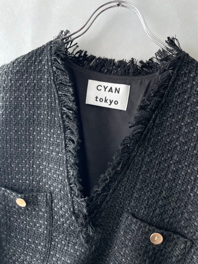 美品✨シアントーキョー　ツイードフリンジ　ベスト　ジレ　黒　クロプド丈