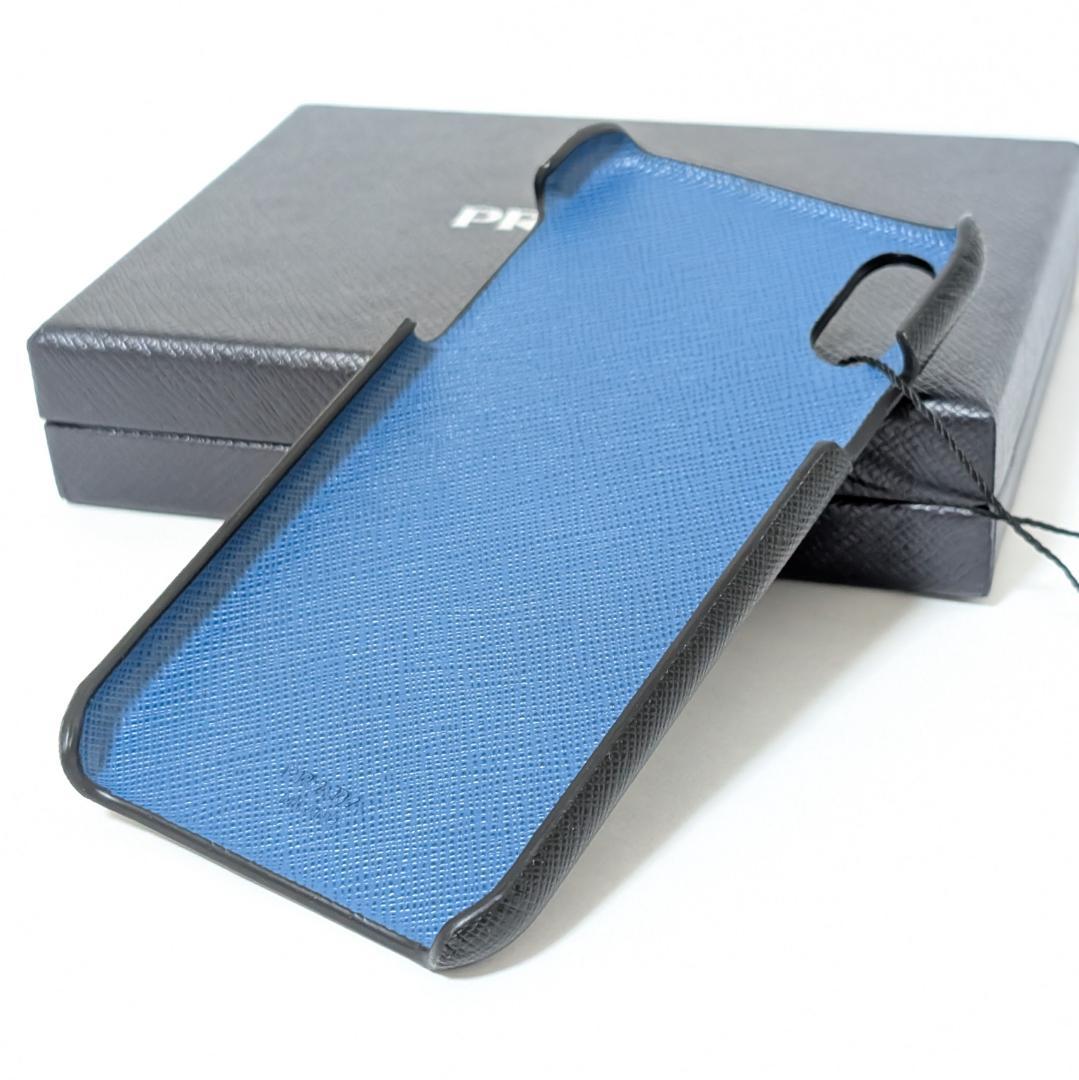 PRADA iPhone XRケース レザー 黒×ブルーエンボス加工ロゴ