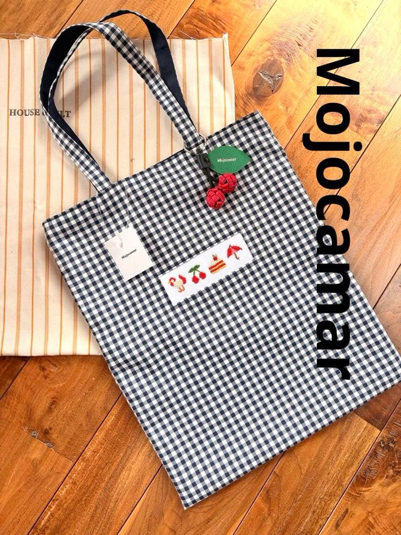 Mojocamar モジャカマー　チェック柄フルーツ刺繍トートバッグ
