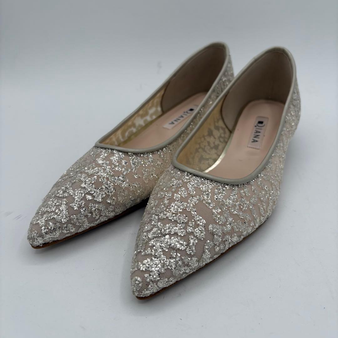 【未使用級】ダイアナ　シルバー グリッター フラットシューズ ブライダルシューズ