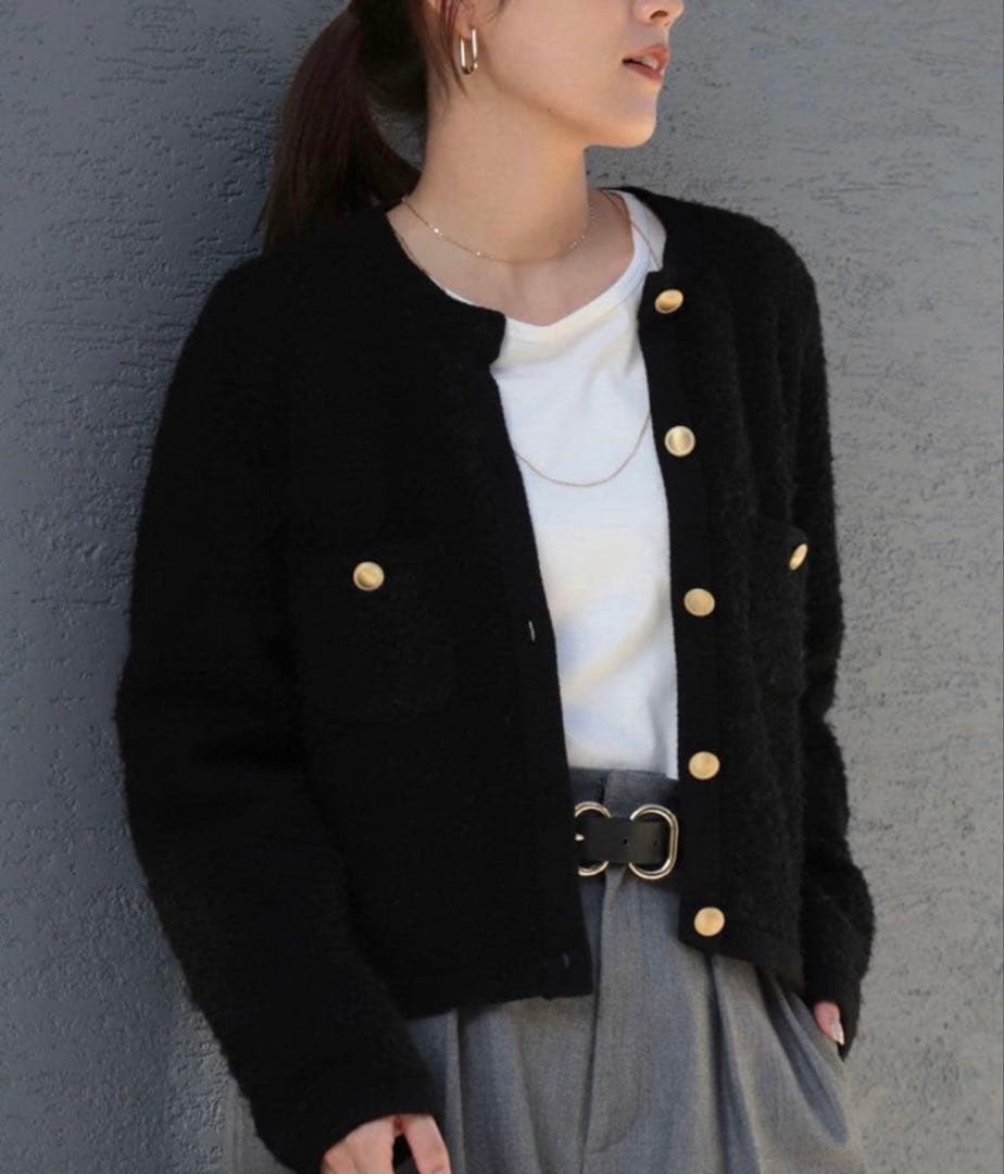 美品 NOLLEY’S ふわふわクルーネックジャケット ウール混 金ボタン38