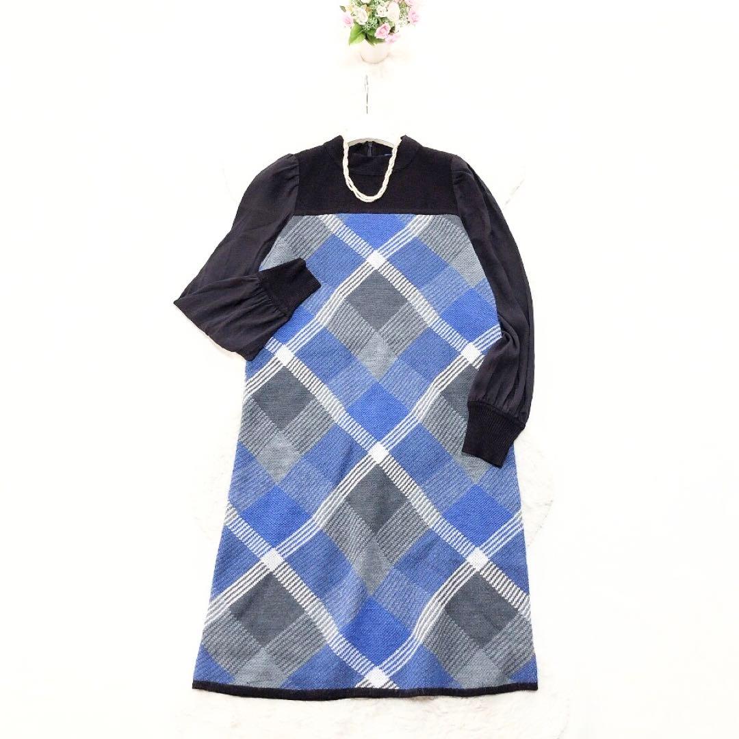 ブルーレーベルクレストブリッジ*ドッキングワンピース チェック ニット 38