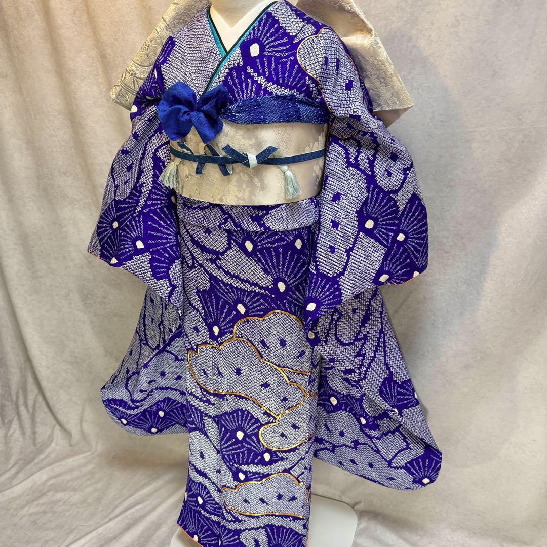 総絞り　美品　振袖六点フルセット　157〜167cm　裄長め　青