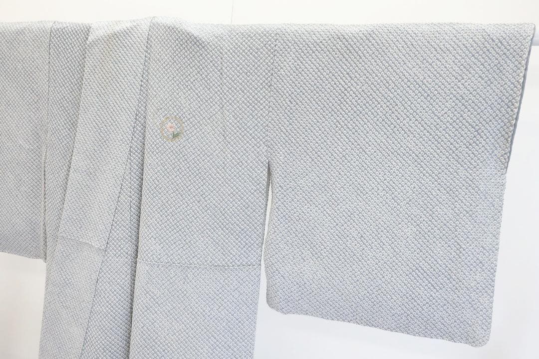 訪問着 総絞り 刺繍 ブルーグレー 花文 身丈155cm 裄丈66cm 正絹
