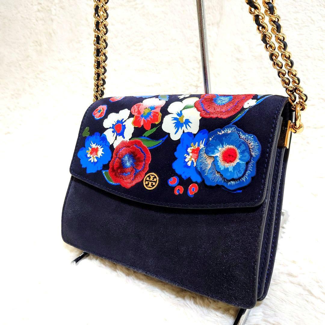 に*む様 トリーバーチ チェーンショルダーバッグ パーカー 刺繍 花柄 ネイビー