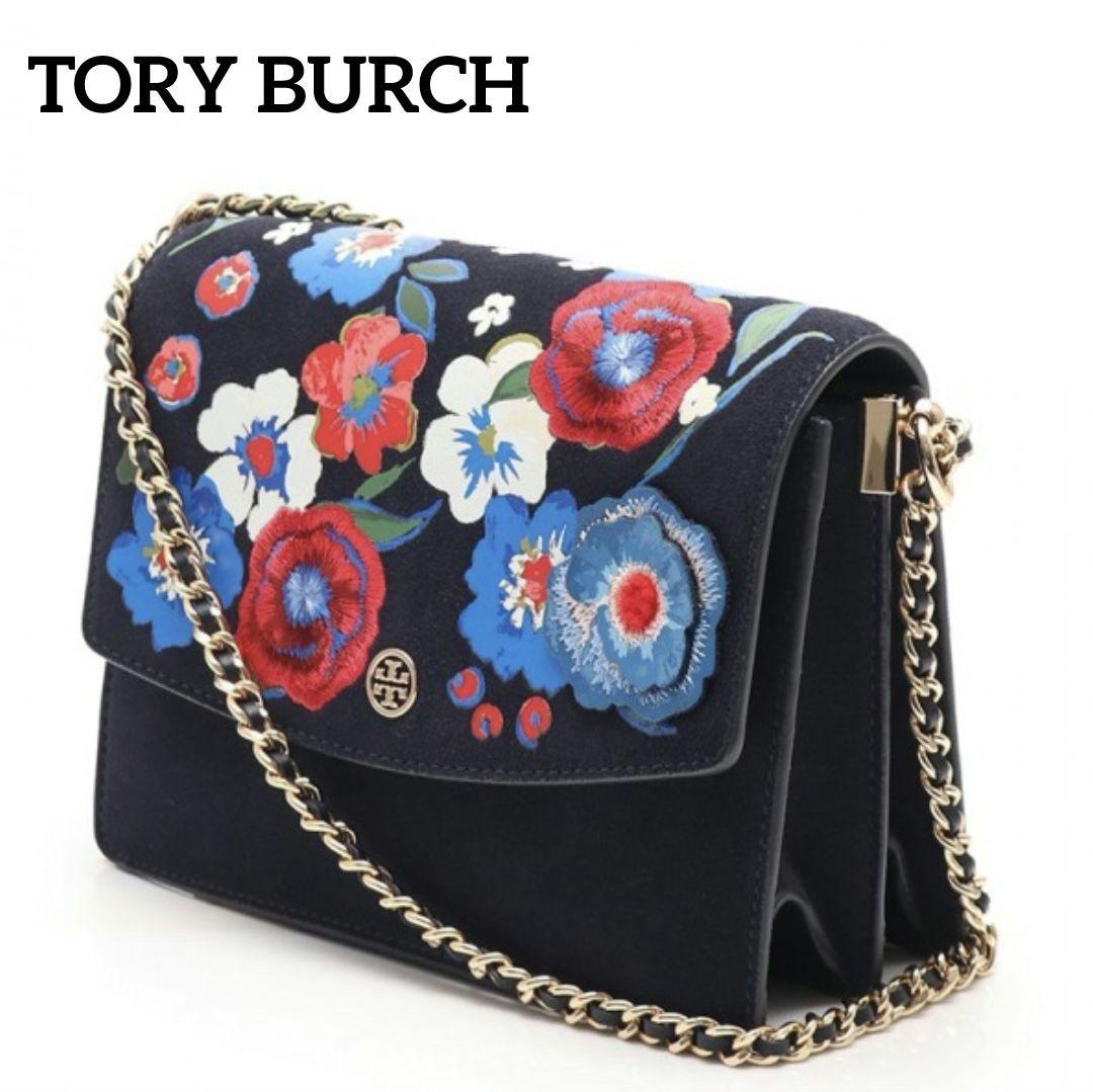 に*む様 トリーバーチ チェーンショルダーバッグ パーカー 刺繍 花柄 ネイビー