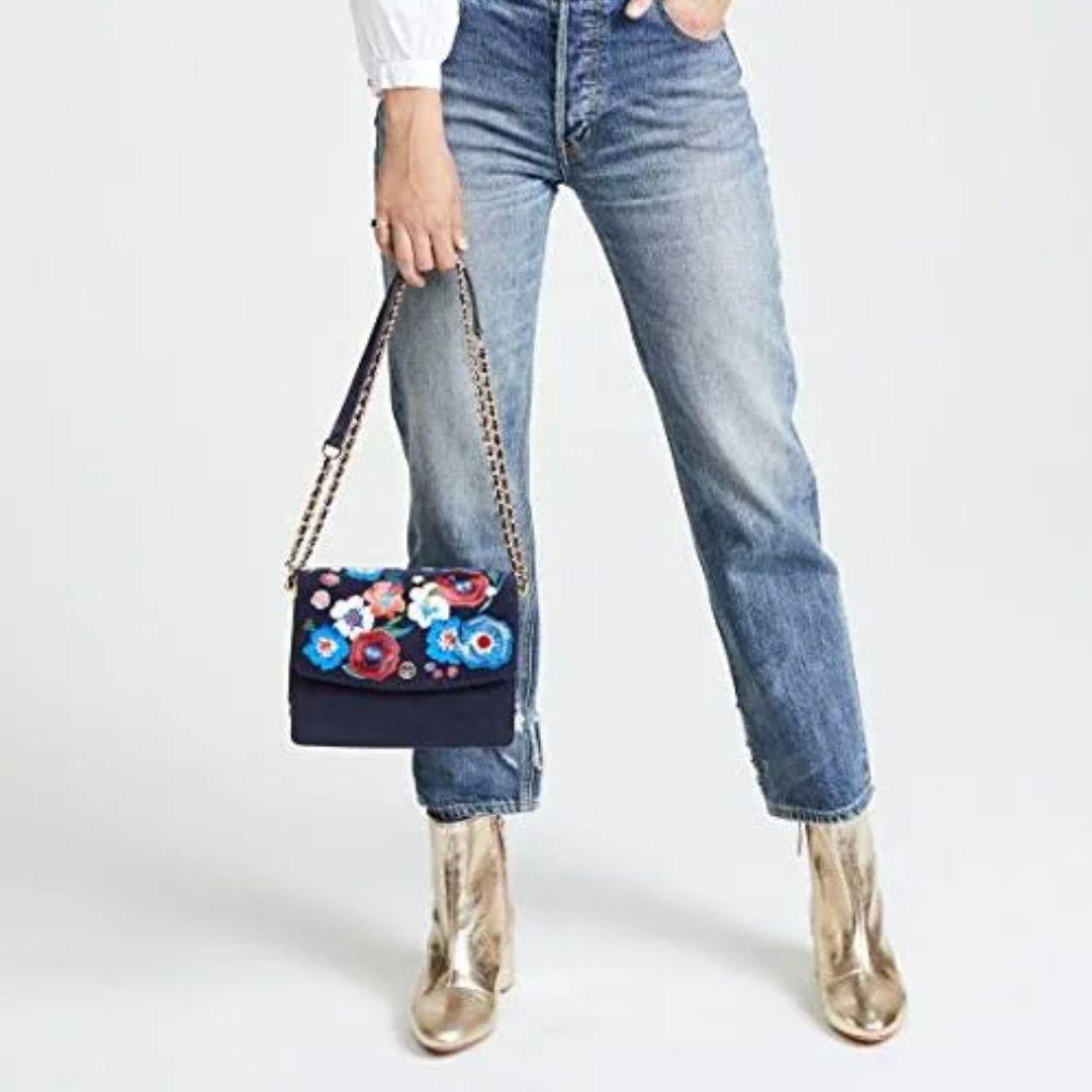 に*む様 トリーバーチ チェーンショルダーバッグ パーカー 刺繍 花柄 ネイビー
