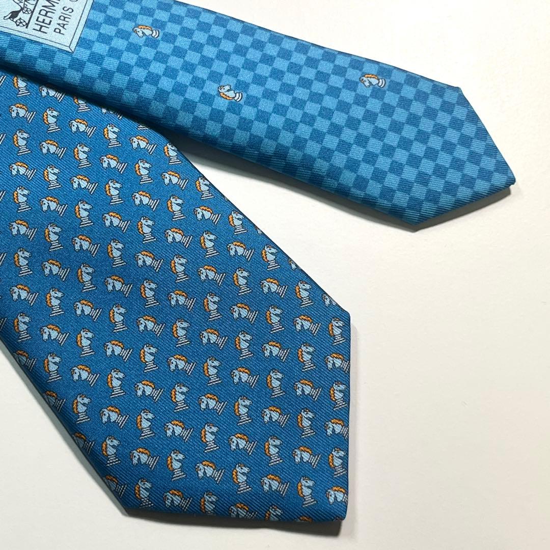 希少✨極美品✨HERMES エルメス　ネクタイ　チェス柄　馬　ホース