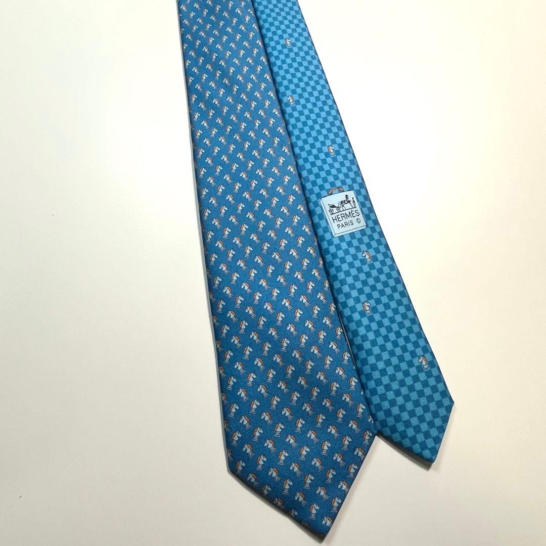 希少✨極美品✨HERMES エルメス　ネクタイ　チェス柄　馬　ホース