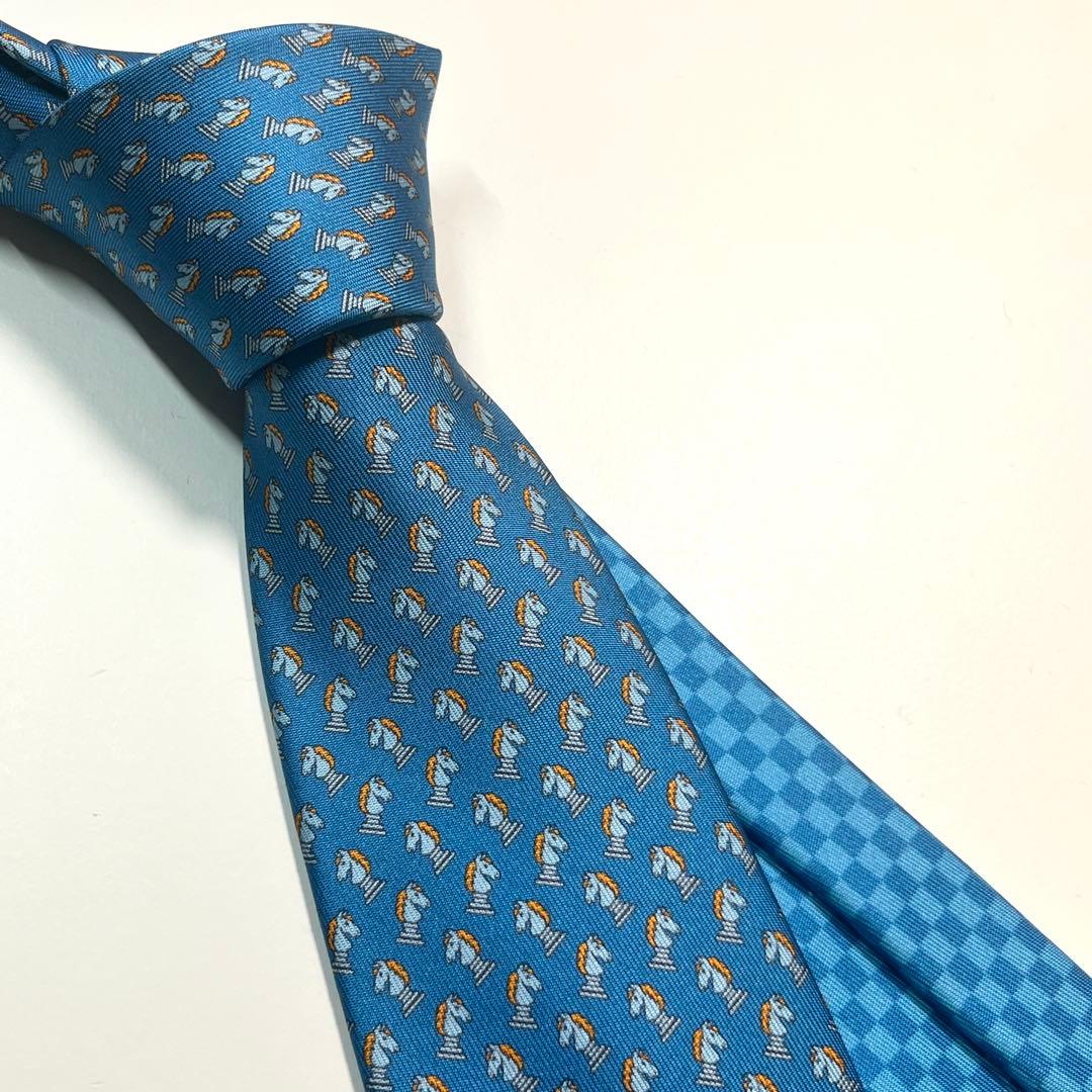 希少✨極美品✨HERMES エルメス　ネクタイ　チェス柄　馬　ホース