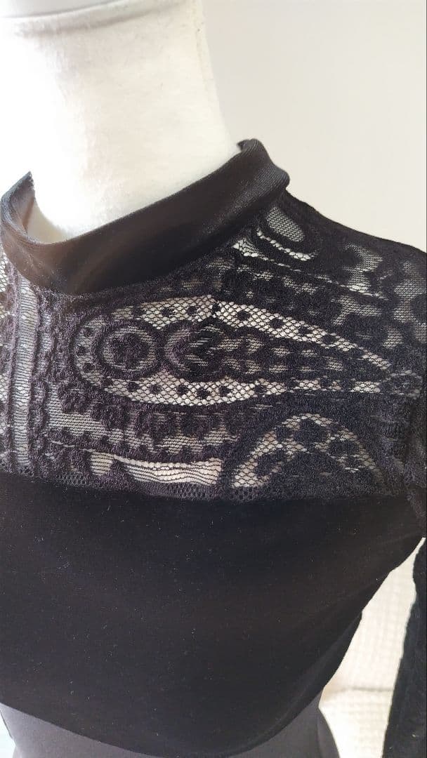 Ｓ～Ｍ／黒鳥オディールをイメージした漆黒の長袖レースベロアバレエ娘役レオタード