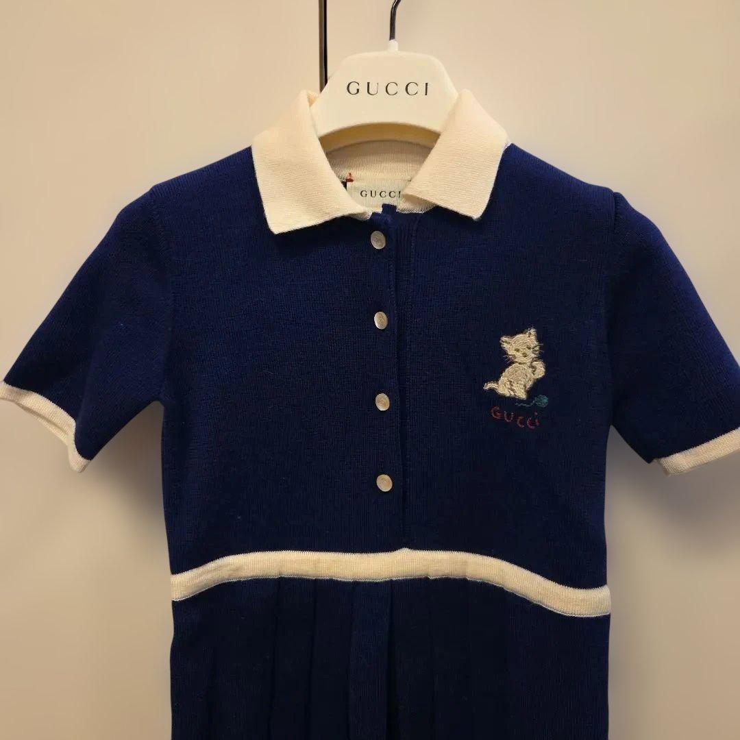 セール！GUCCI ネイビー 半袖ニットワンピース 猫刺繍100 36m