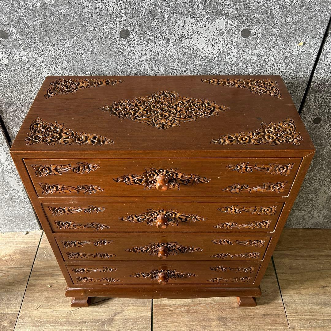 ꧁木彫り・彫刻家具꧂チェスト たんす タンス 箪笥 収納 洋服 衣服 衣類