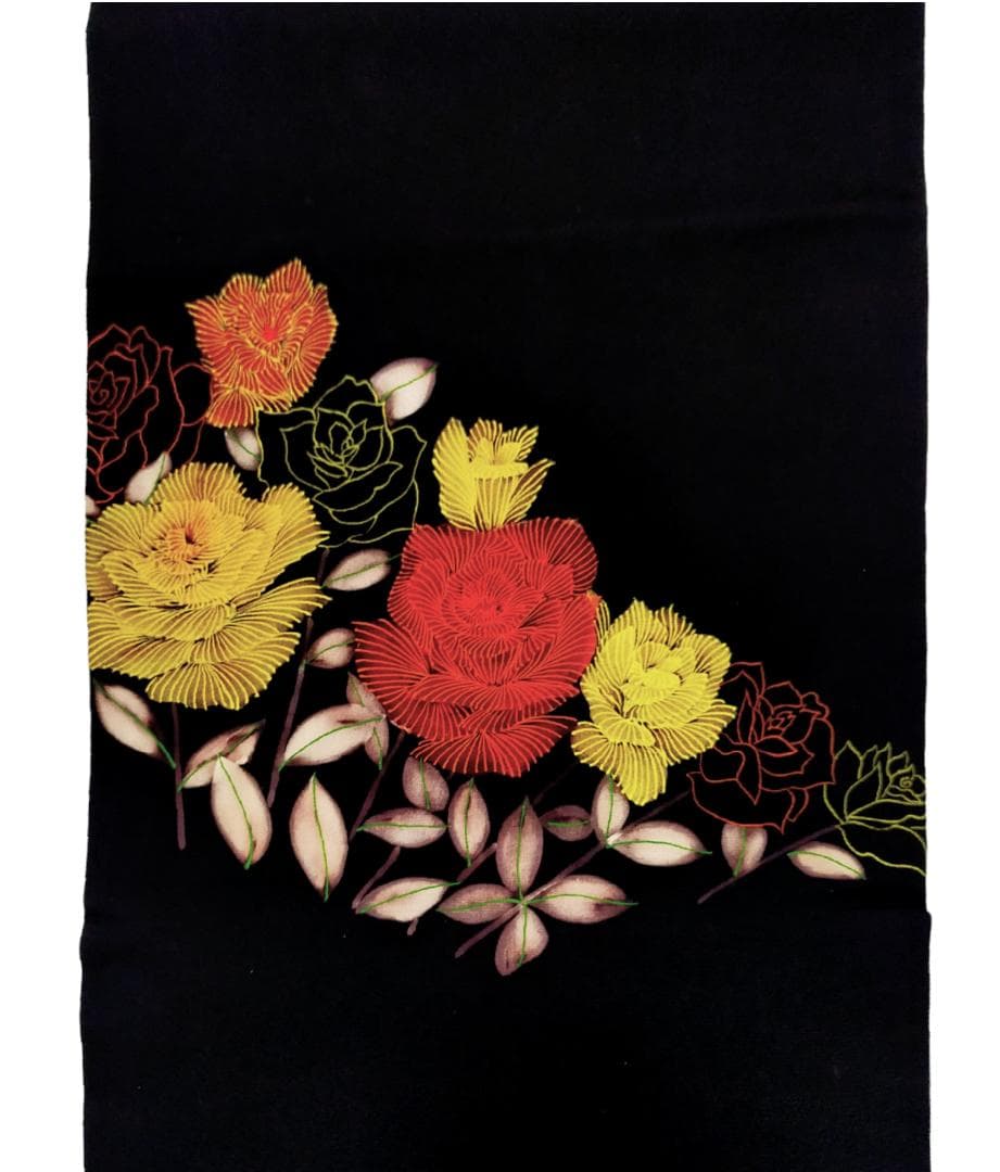 【名古屋帯】塩瀬 黒地　花模様 正絹　カジュアル　鮮やか　綺麗　アンティーク