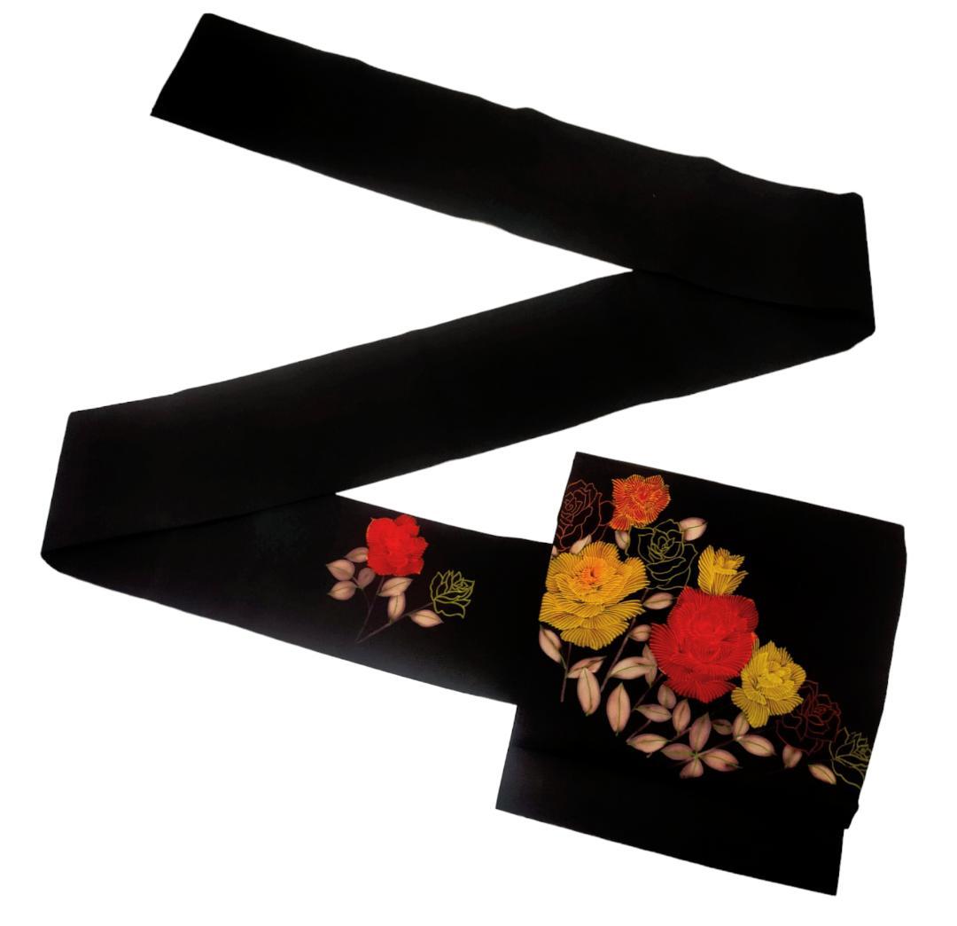 【名古屋帯】塩瀬 黒地　花模様 正絹　カジュアル　鮮やか　綺麗　アンティーク