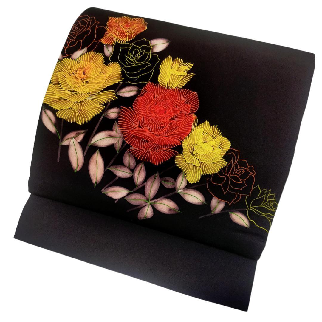 【名古屋帯】塩瀬 黒地　花模様 正絹　カジュアル　鮮やか　綺麗　アンティーク