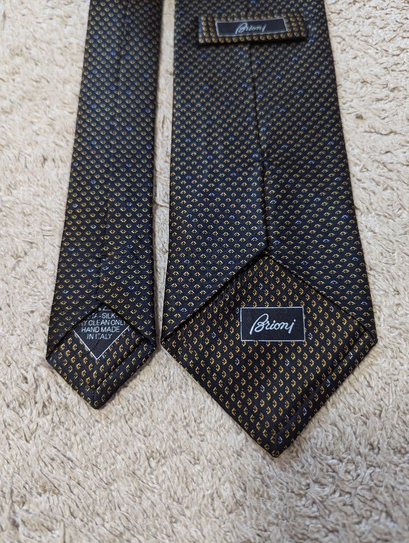 美品　Brioni　ブリオーニ　ネクタイ　プリント　ブラック×イエロー　小紋柄
