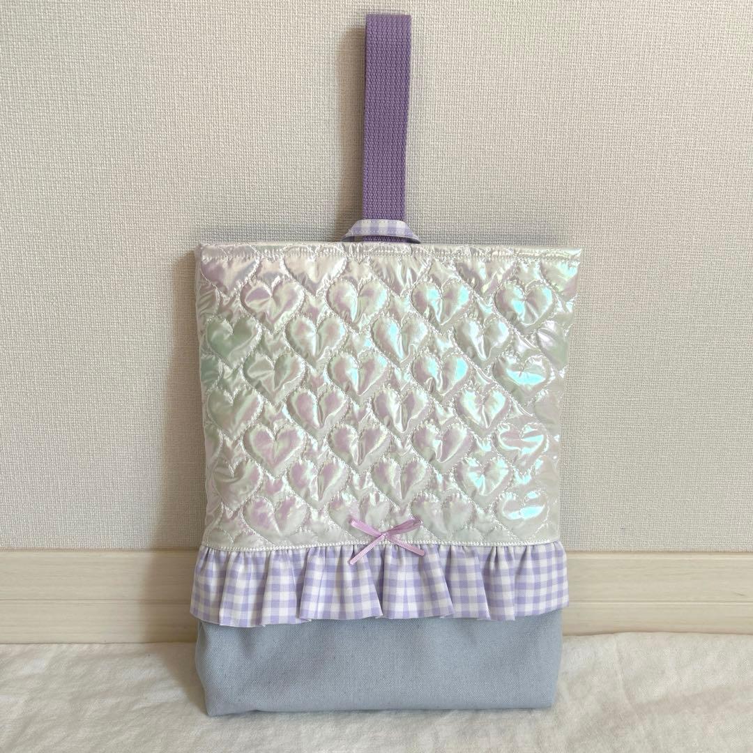 入園入学3点セット　【ホログラムハート×紫チェック】 女の子　ナップサック