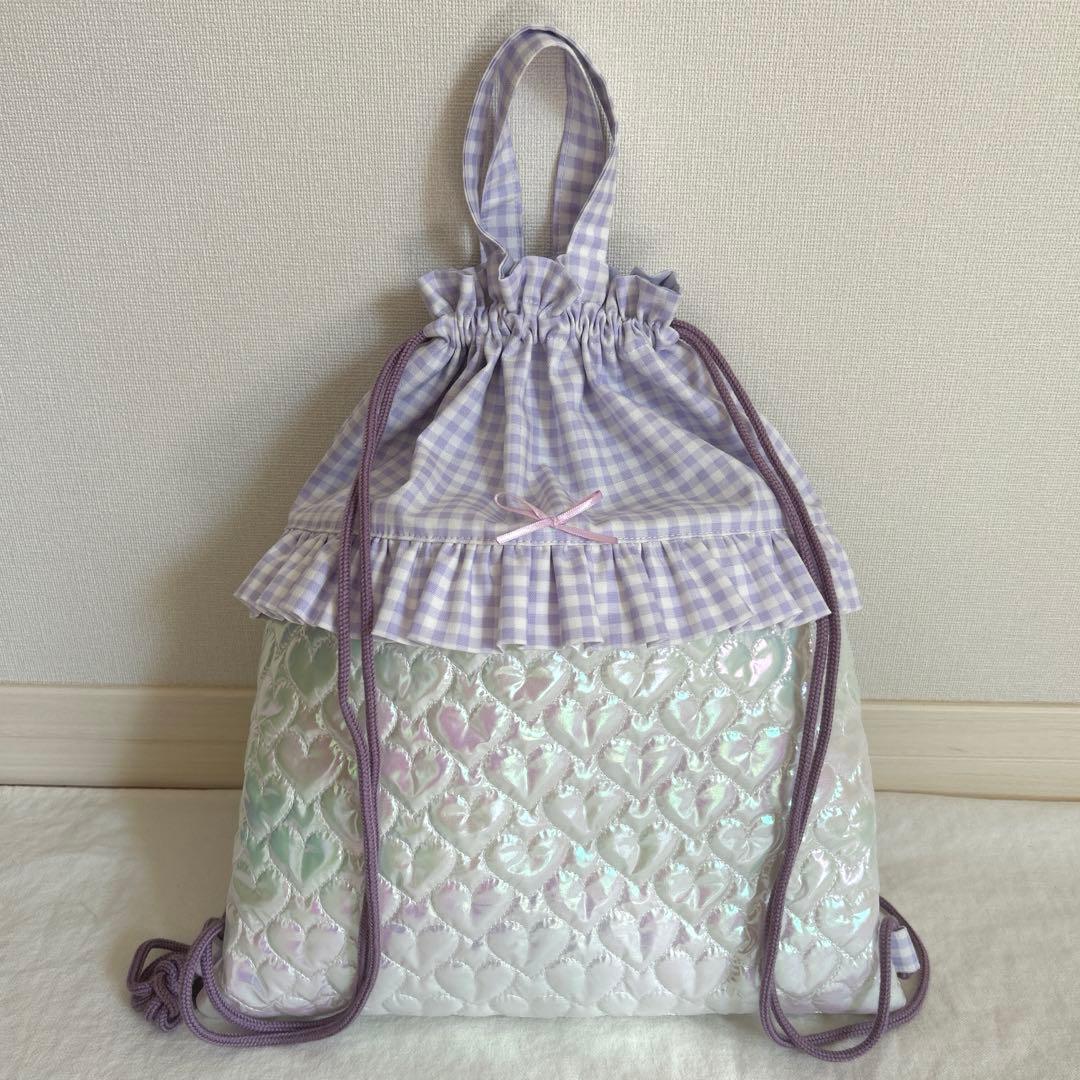 入園入学3点セット　【ホログラムハート×紫チェック】 女の子　ナップサック