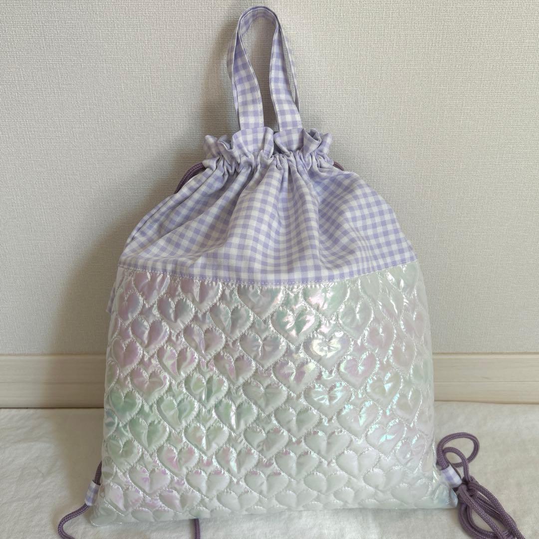 入園入学3点セット　【ホログラムハート×紫チェック】 女の子　ナップサック