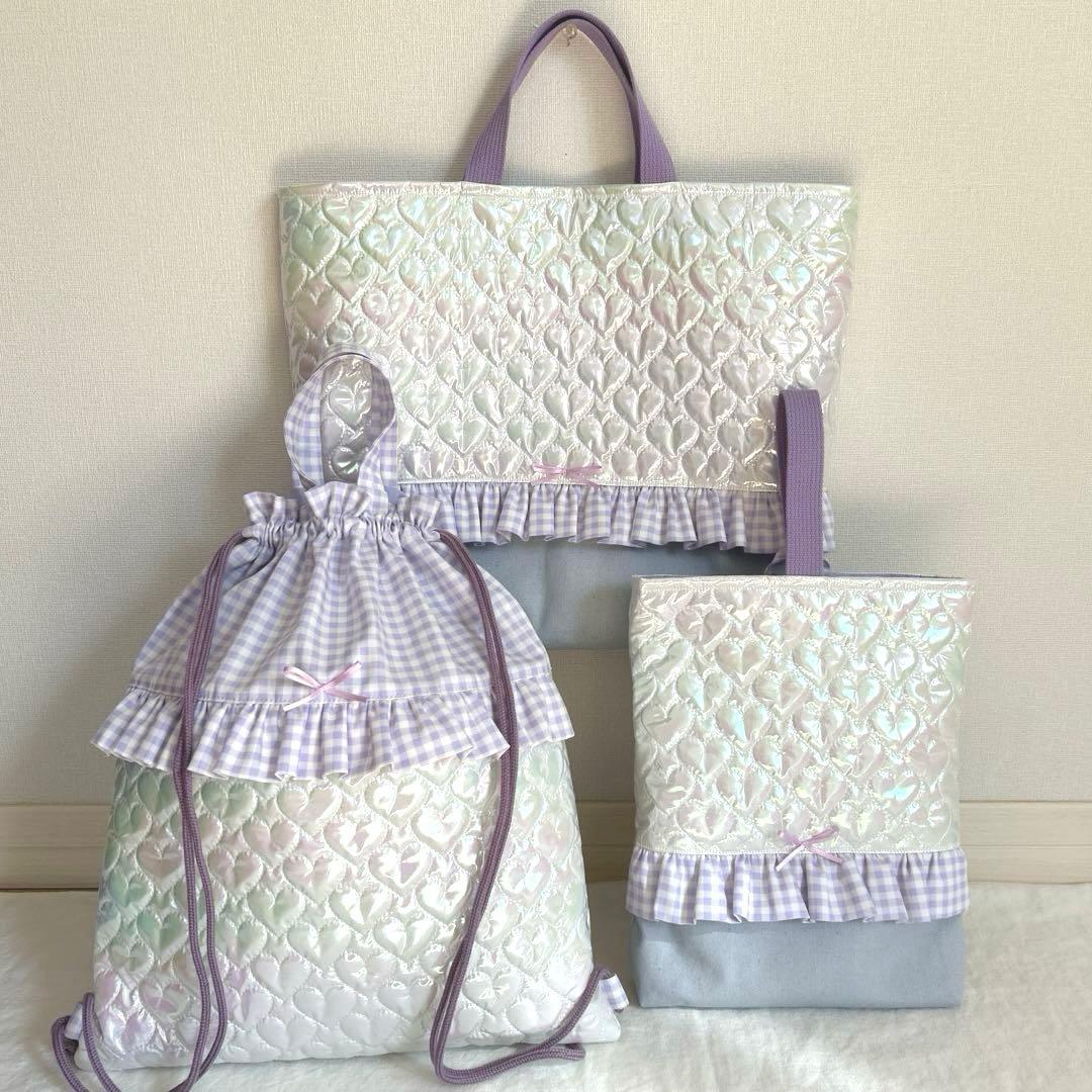 入園入学3点セット　【ホログラムハート×紫チェック】 女の子　ナップサック