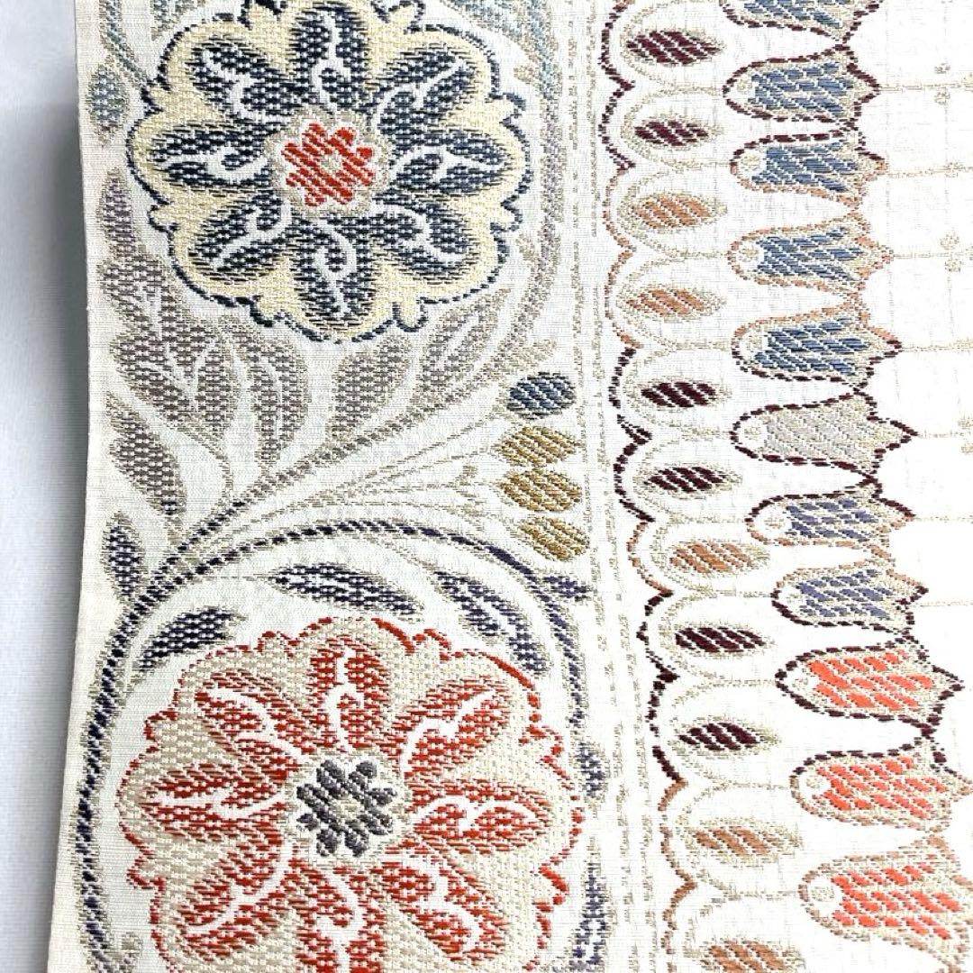 未着用　袋帯　金糸　銀糸　横縞　唐草　花　しるくろおど文布　着物　帯　041k